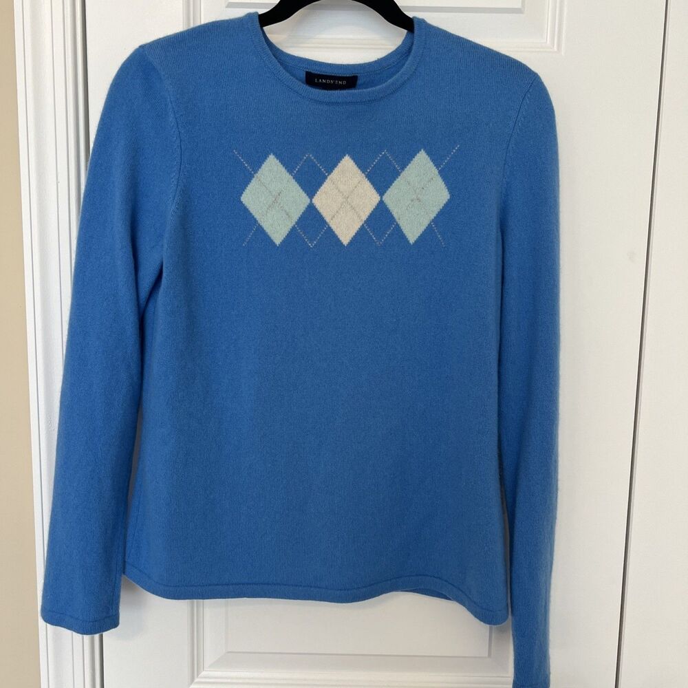 Lands End 100% Cashmere Medium Sweater Blue Quiet Luxury Pullover Preppy Arglyle